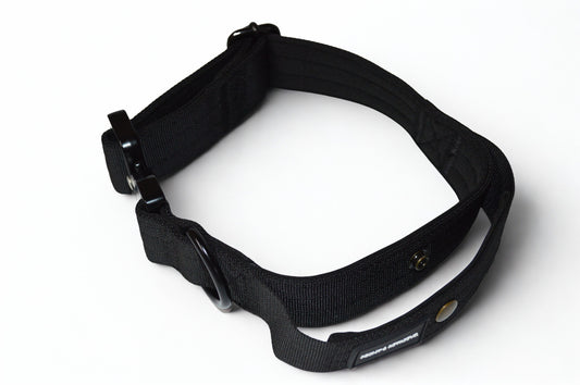 Black tactical dog collar on a white background. Control handle