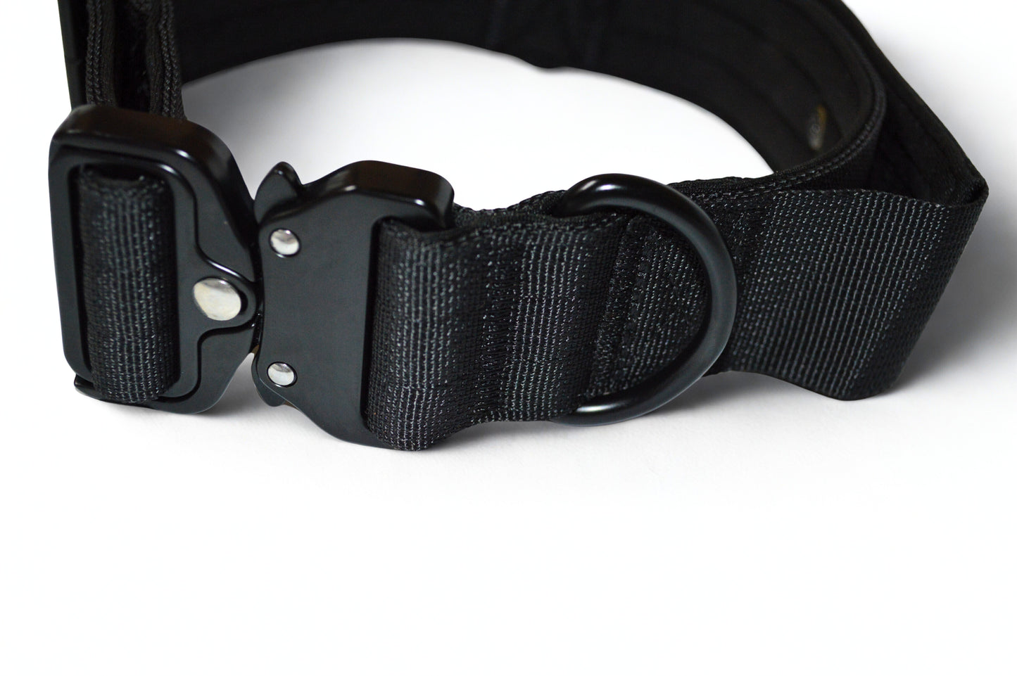 Black tactical dog collar with a buckle on a white background