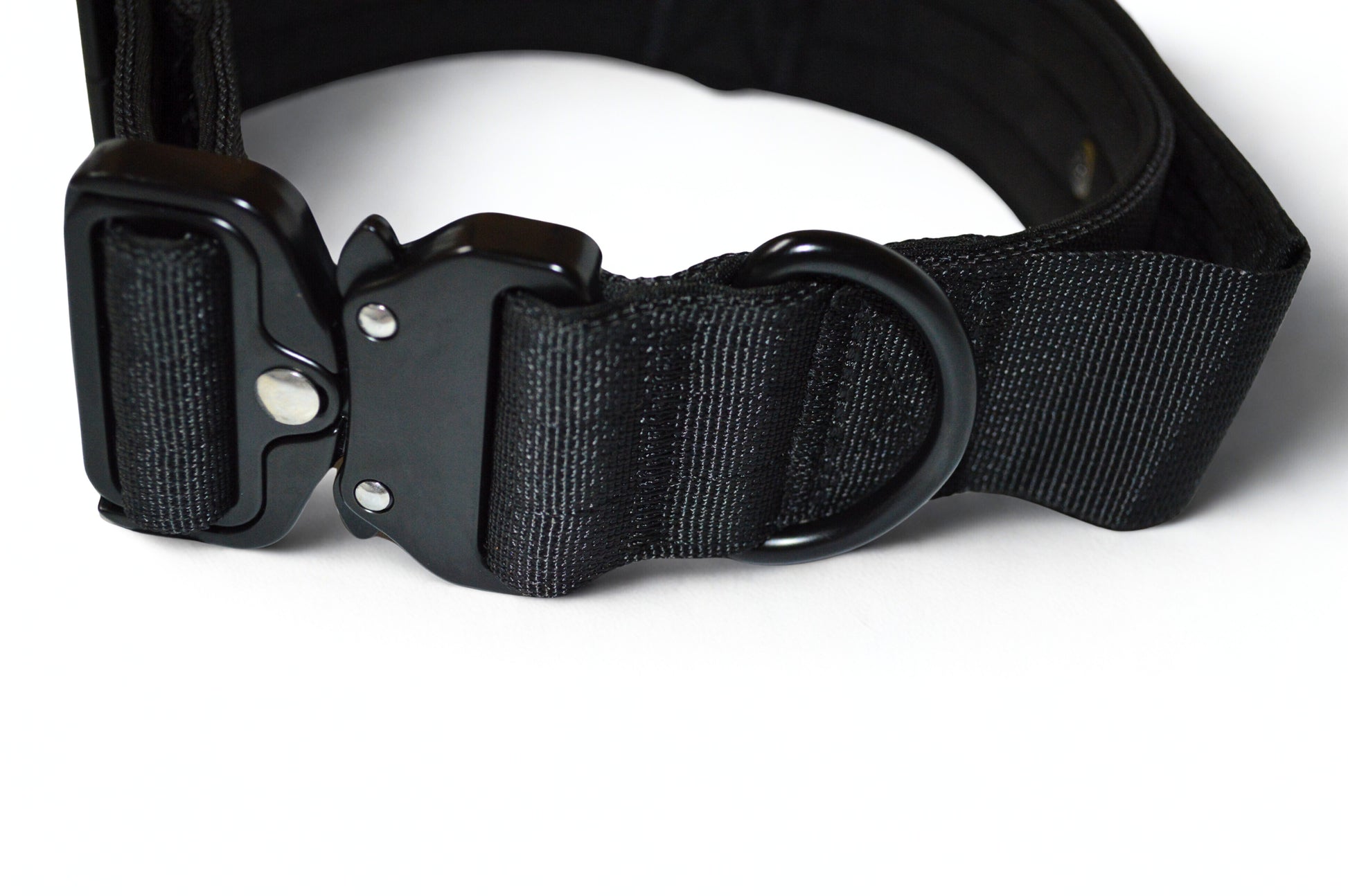 Black tactical dog collar with a buckle on a white background