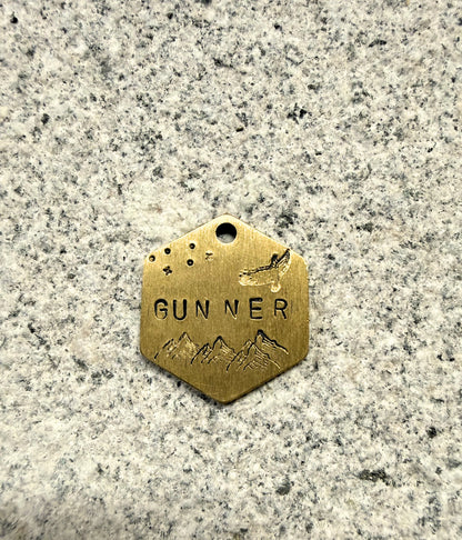 Gold hexagonal pet tag with 'GUNNER' engraved on a gray surface