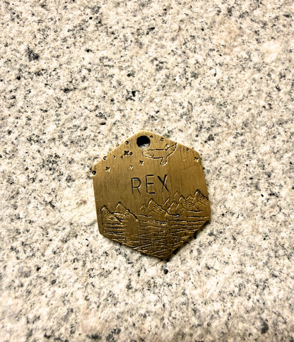 Bronze dog tag with 'REX' engraved on a granite surface