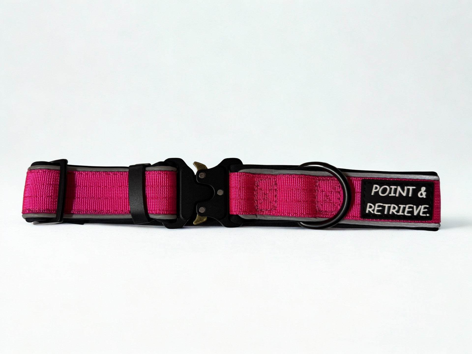 Pink dog collar with 'Point & Retrieve' branding on a white background