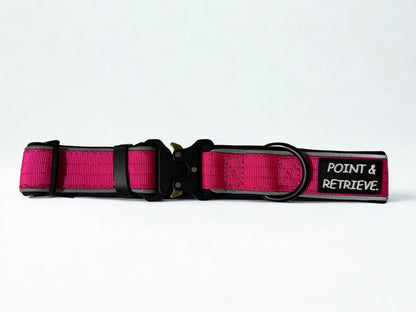 Pink dog collar with 'Point & Retrieve' branding on a white background