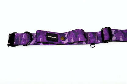Purple camouflage tactical dog collar with black clip. 