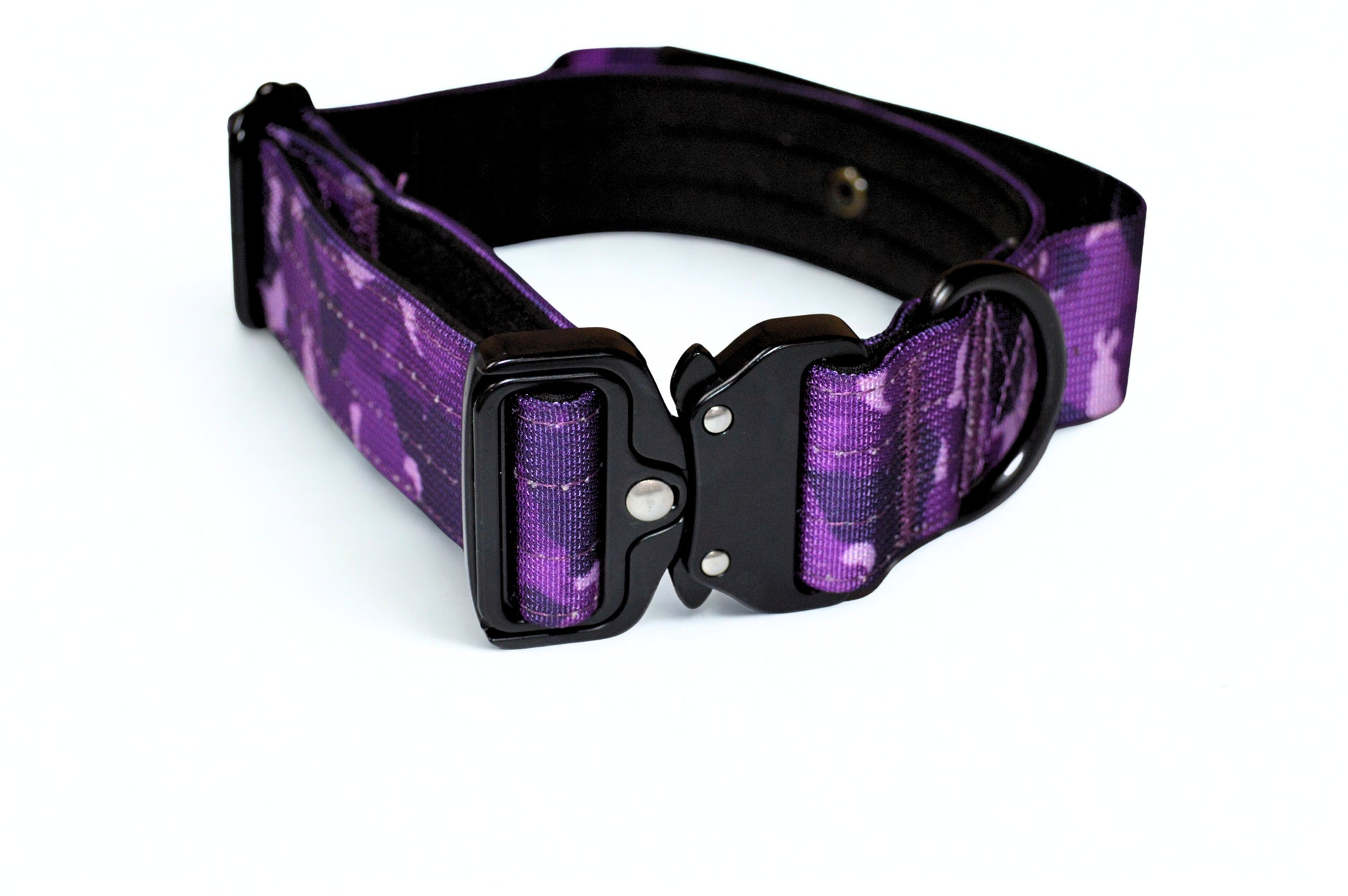 Purple camouflage tactical dog collar with black hardware on a white background