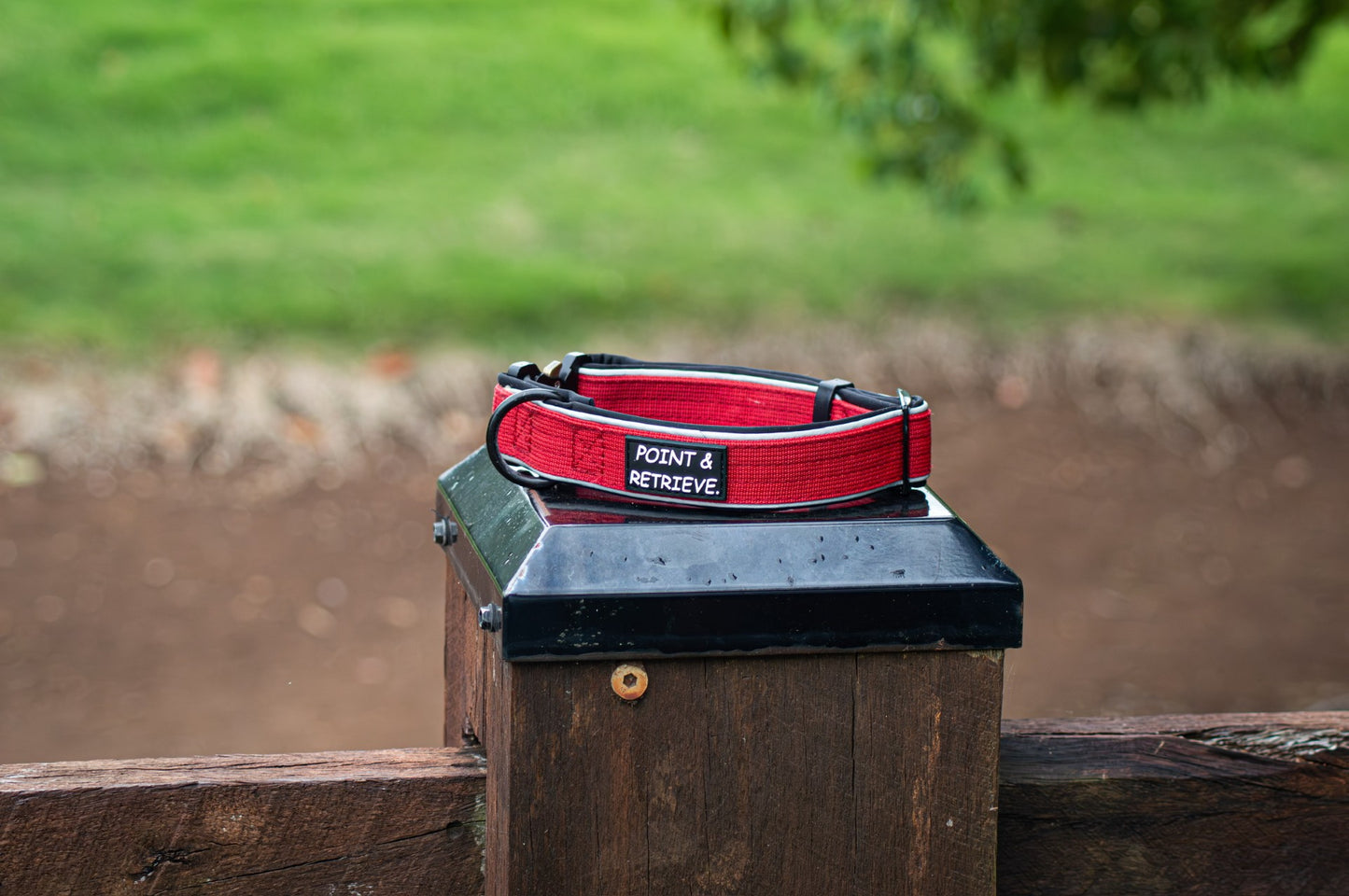Red dog collar with 'Point & Retrieve' text on a wooden post outdoors.